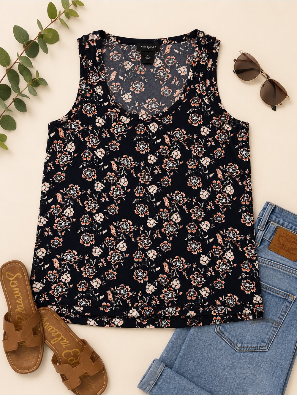 Ann Taylor Navy Floral Sleeveless Blouse Tank Top Size Medium